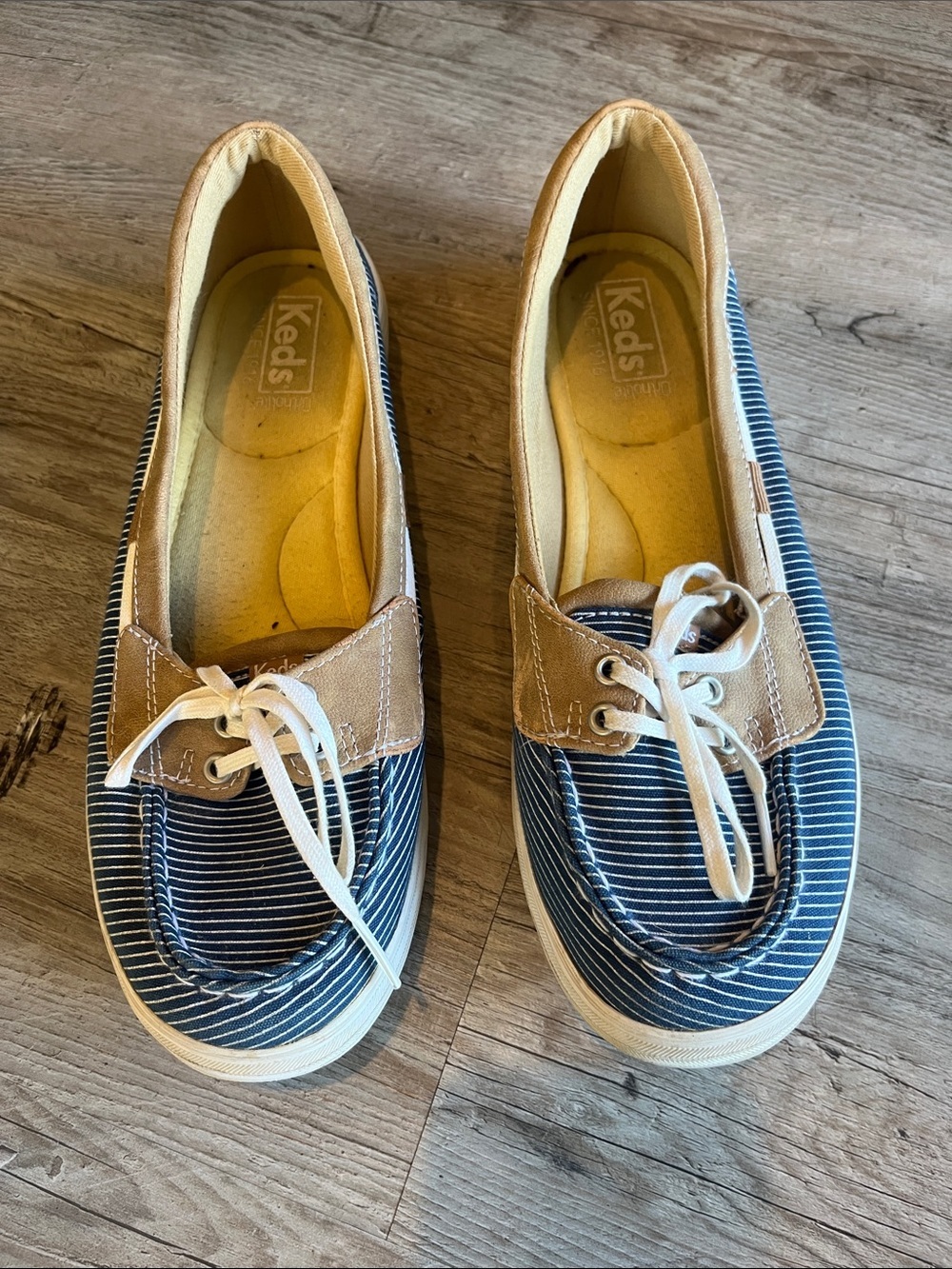 Keds Navy and Tan Striped Canvas Boat Shoes
